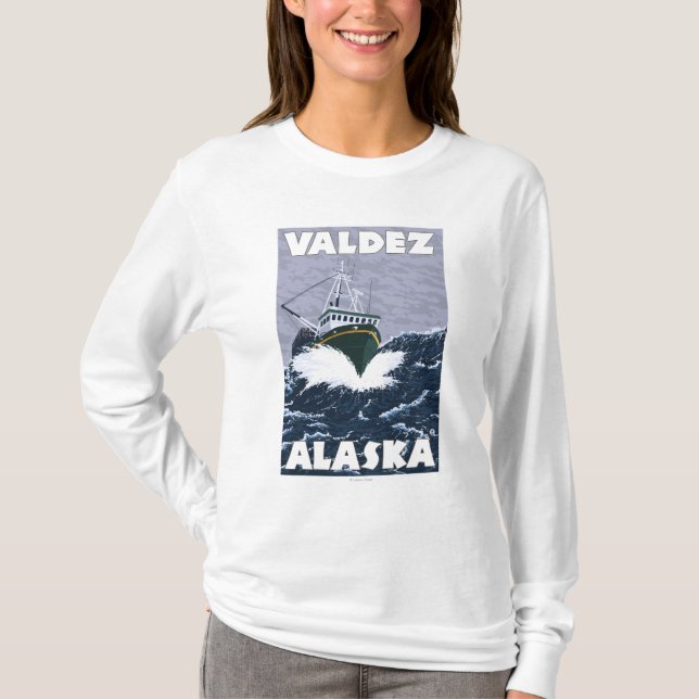 T-shirt Scène de bateau de pêche - Valdez, Alaska (Devant)