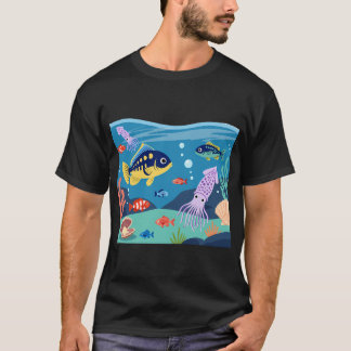 T-shirt Scène de dessin animé mignon sous l'océan avec des