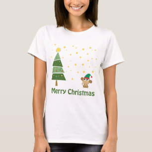 T-shirt Scène de Noël de nuit avec un mignon singe