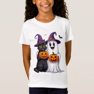 T-Shirt Scène d'Halloween avec chat fantôme et citrouille 