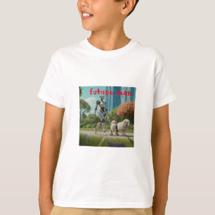 T-shirt scène futuriste d'un robot marchant un chien. avec