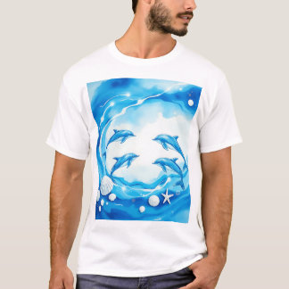 T-shirt Scène océanique avec dauphins en aquarelle