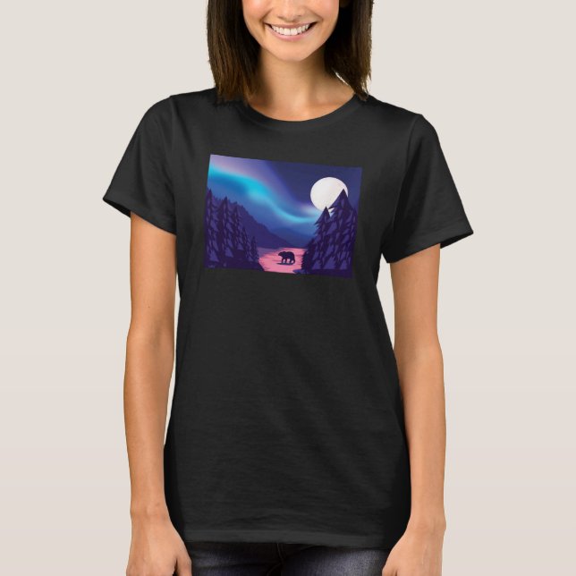 T-shirt Scenic Polar Bear Silhouette With Moon and Aurora  (Devant)