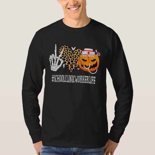 T-shirt School Clinic Worker Peace Love Pumpkin  Halloween (Devant)
