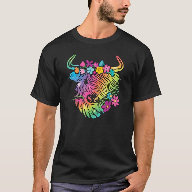T-shirt Scottish Highland Cow Imprimer Couleurs arc-en-cie (Devant)