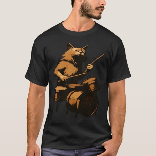 T-shirt Screaming Cat Playing Drums  (Devant)