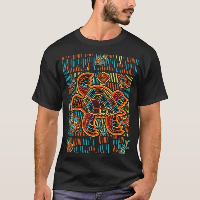 T-shirt Sea Turtle Inspired By Mola Artwork of Panama Kuna (Devant)