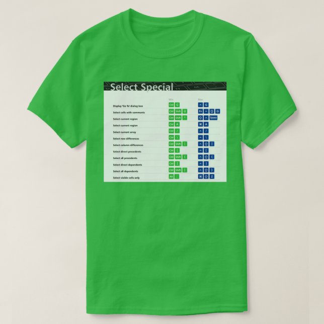 T-shirt Sélectionner les raccourcis clavier Excel spéciaux (Design devant)