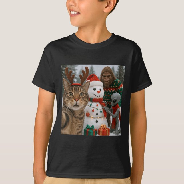 T-shirt Selfie Chat De Noël Drôle Avec Alien Bigfoot &amp (Devant)