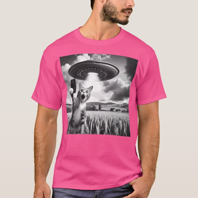 T-shirt Selfie De Chat Avec Alien Ufo Drôle Chat (Devant)