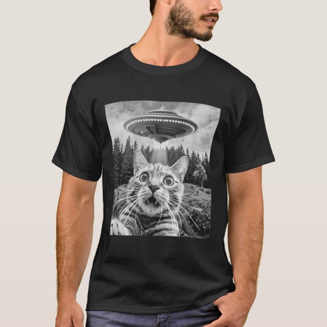 T-shirt Selfie De Chat Avec Alien Ufo Drôle Chat Pour Homm (Devant)