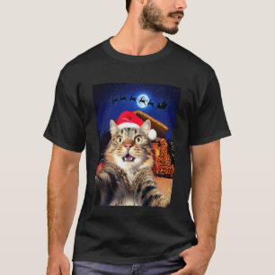 T-shirt Selfie de chat avec le Père Noël, rennes et traîne