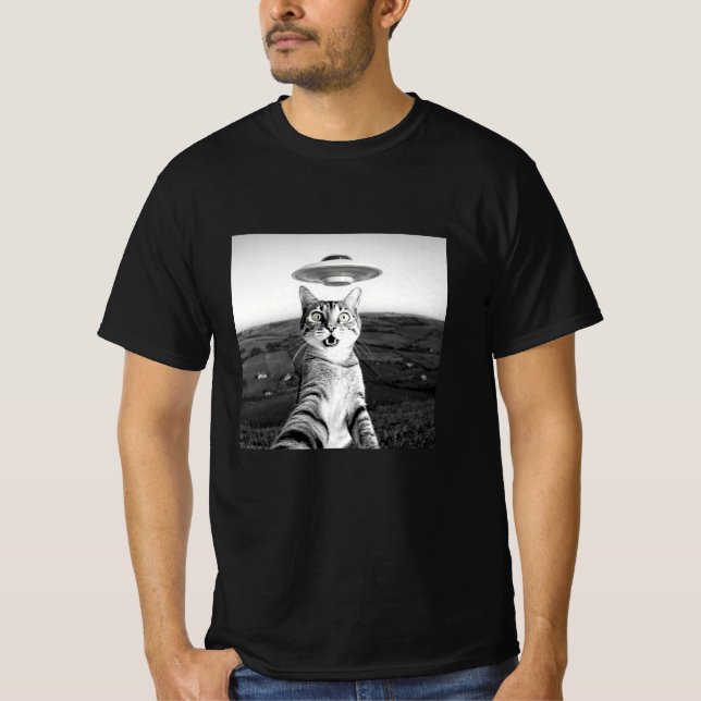 T-shirt Selfie De Chat Avec UFO Alien (Devant)