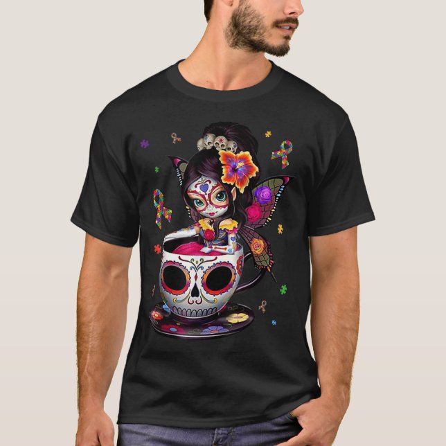 T-shirt Sensibilisation sur l'autisme Café Sugar Crâne fil (Devant)