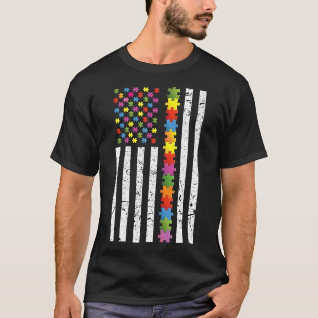 T-shirt Sensibilisation sur l'autisme Us Flag Puzzle Ruban (Devant)