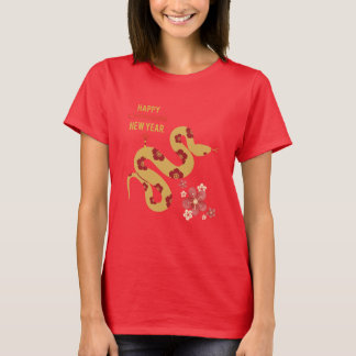 T-shirt Serpent Motif Fleur Joyeux Nouvel An Chinois Rouge