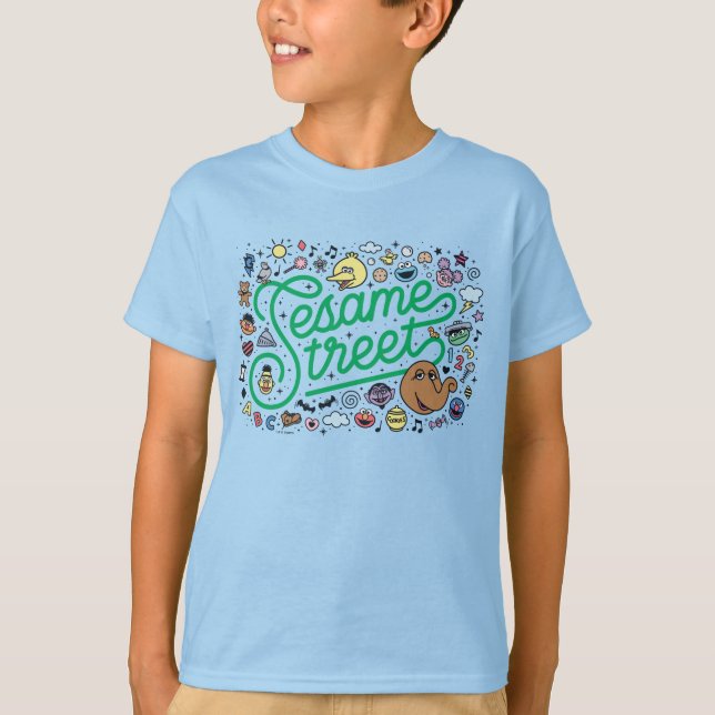 T-shirt Sésame Sésame | Sesame Street Green Doodle Script (Devant)