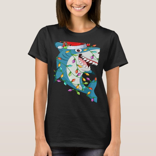 T-shirt Shark Xmas Lights Reindeer Santa Shark Christmas   (Devant)