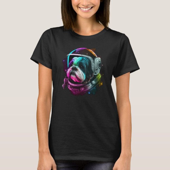 T-shirt Shih Tzu Astronaut Dog in Outer Space Cosmic Plane (Devant)