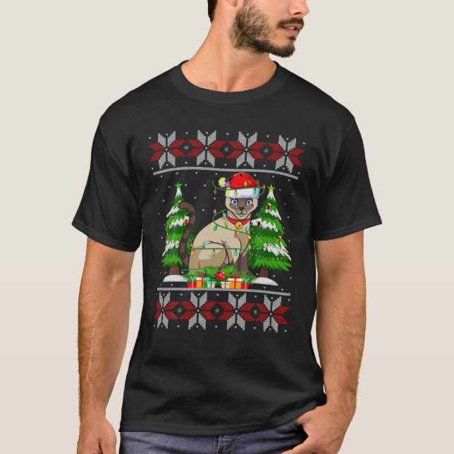 T-shirt Siamese Chat Noël Arbre Lumières Doux moche San (Devant)