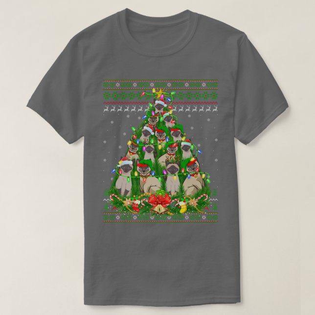 T-shirt Siamese Chat Xmas Éclairage Arbre Siamese Chat Ugl (Design devant)