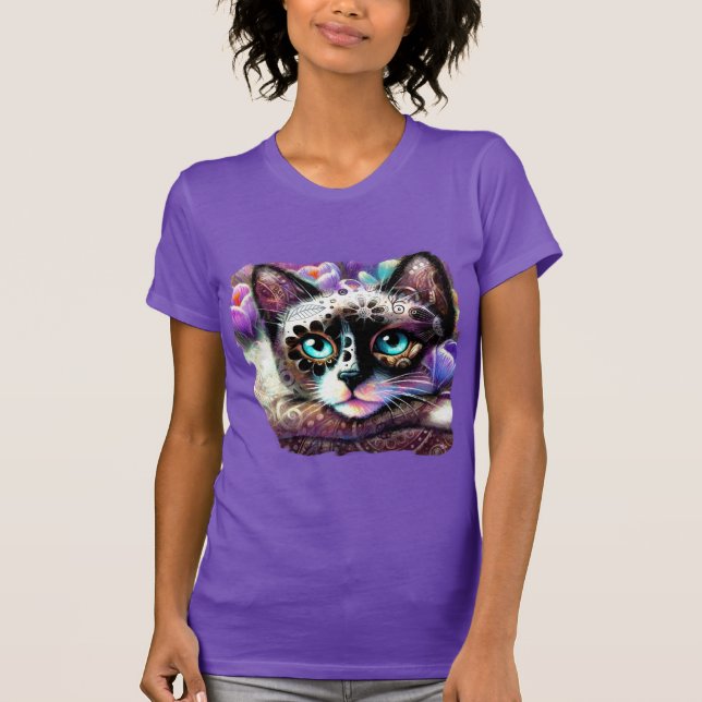 T-shirt Siamese Kitty Chat Crocus Floral Violet Turquoise  (Devant)