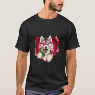 T-shirt Sibérie Husky Chien Lunettes de coeur Rose de Love