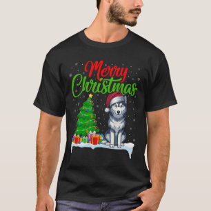 T-shirt Sibérie Husky Chien Noël Arbre Lumière Fantastique