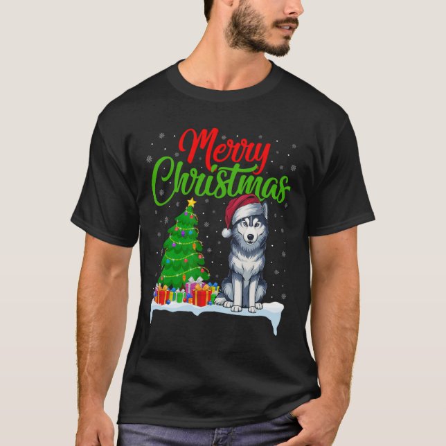 T-shirt Sibérie Husky Chien Noël Arbre Lumière Fantastique (Devant)