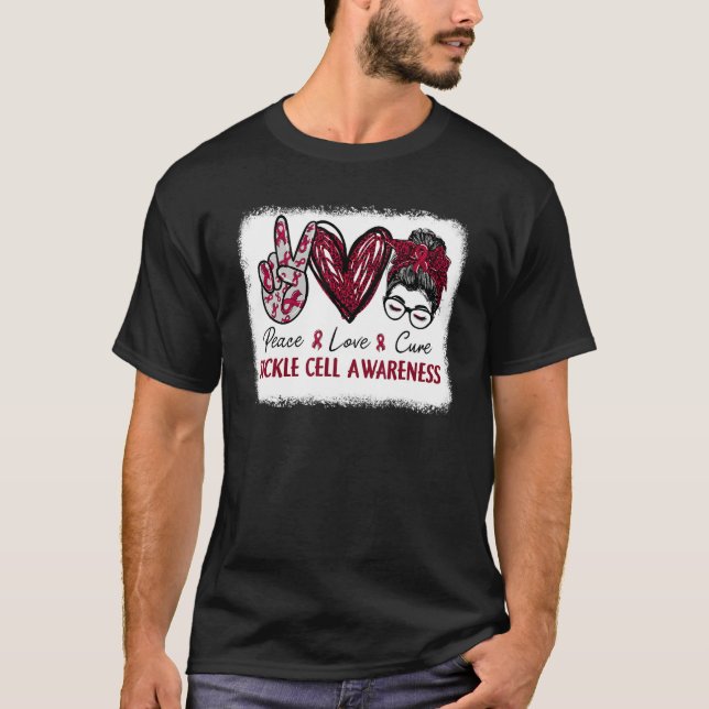 T-shirt Sickle Cell Awareness Burgundy Ribbon Heart Peace  (Devant)