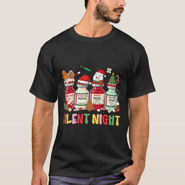 T-shirt Silent Night Funny Nurse Christmas Design Long Sle (Devant)