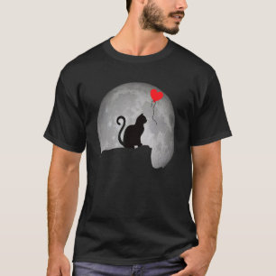T-shirt Silhouette de chat sous la pleine lune avec un cœu