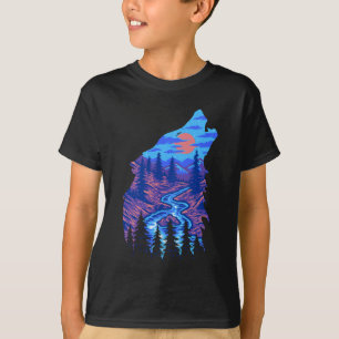 T-shirt Silhouette de loup hurlant forêt rivière paysage