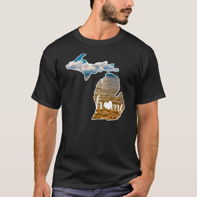 T-shirt Silhouette Michigan Avec Photo Maison Et Lac (Devant)