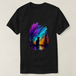 T-shirt Silhouette mystique de chat Aurore boréale Noir