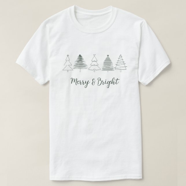 T-shirt Simple Joyeux vert foncé et arbre de Noël brillant (Design devant)
