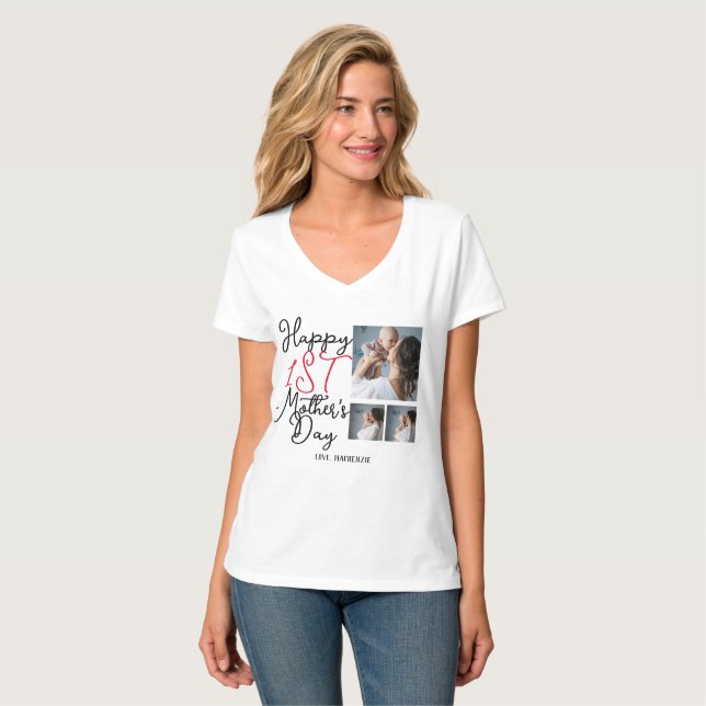 T-shirt Simple première mère Jours Cadeau Trois photos Col (Devant entier)