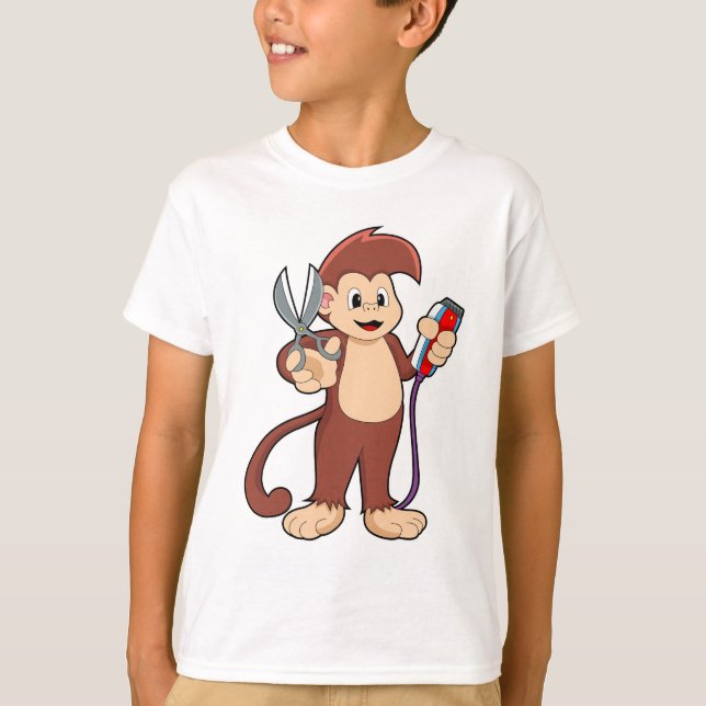 T-shirt Singe comme coiffeur avec ciseaux et razor (Devant)