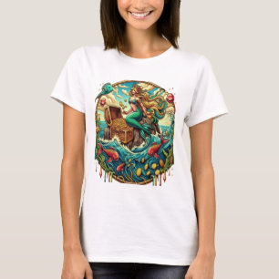 T-shirt Sirène assise sur un rocher avec un trésor ouvert