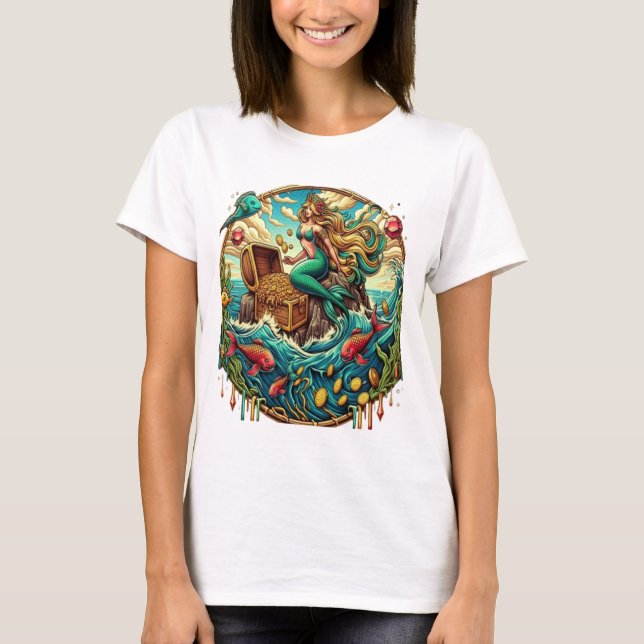 T-shirt Sirène assise sur un rocher avec un trésor ouvert (Devant)