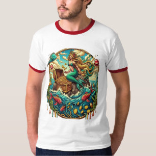 T-shirt Sirène assise sur un rocher avec un trésor ouvert