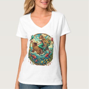 T-shirt Sirène assise sur un rocher avec un trésor ouvert
