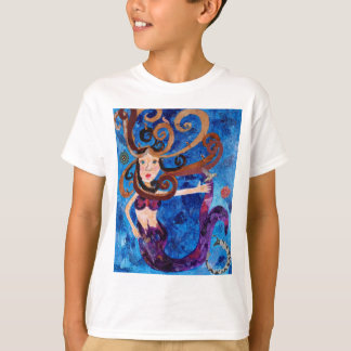 T-shirt Sirène en mer avec peinture d'art aux oiseaux