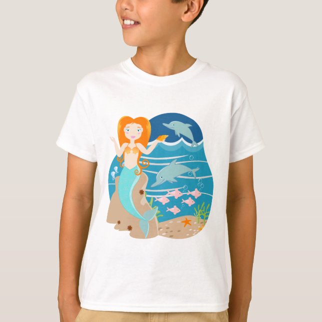 T-shirt Sirène et dauphins sous la mer fête d'anniversaire (Devant)
