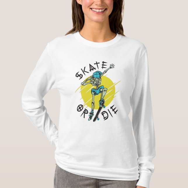 T-shirt Skate ou die Skeleton Skateboarder (Devant)