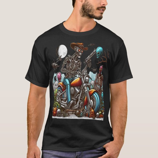 T-shirt Skeleton Biker in Post-Apocalyptic World (Devant)