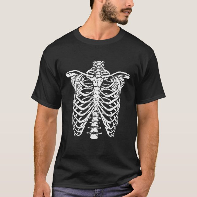 T-shirt Skeleton Bones Rib Cage Halloween Cool Coût famili (Devant)