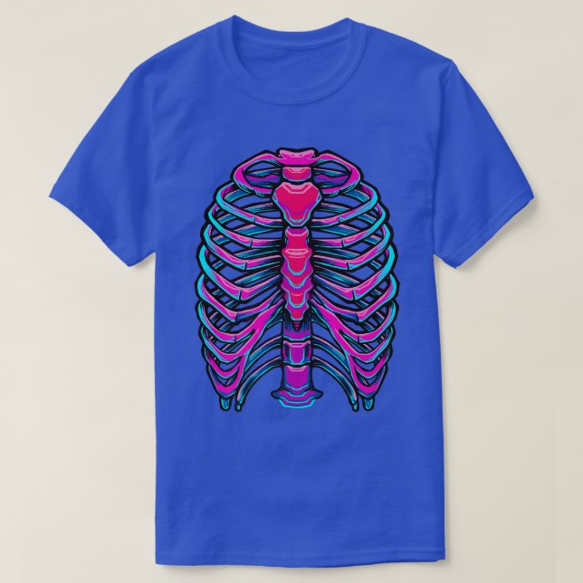 T-shirt Skeleton Bright Pink Blue Cyber Design  (Design devant)