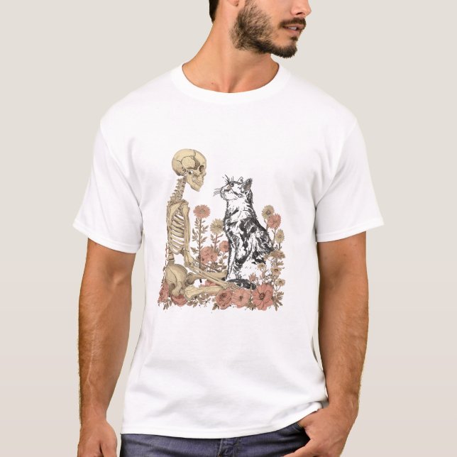 T-shirt Skeleton Cat Flower Cute Kitten (Devant)