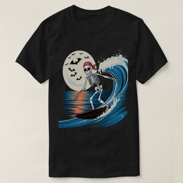 T-shirt Skeleton cool Surf à la nuit - Halloween Beach (Design devant)